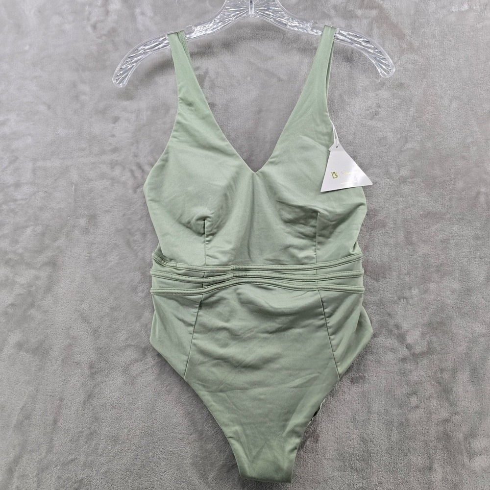 NWT Buffbunny Womens Medium Pleat The 5th One Piece Swimsuit Sage Green V-Neck